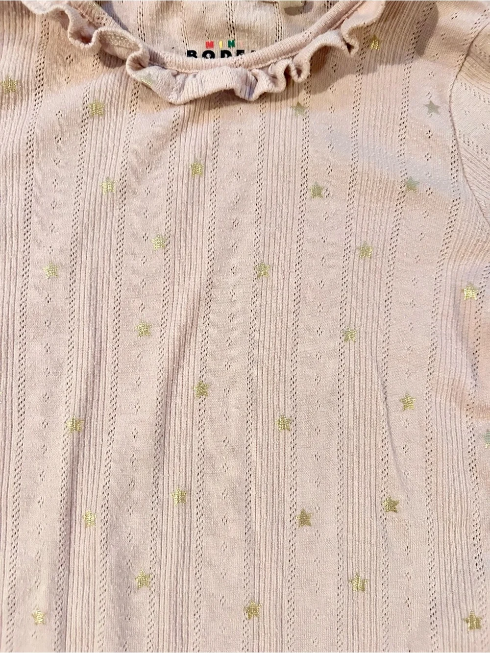 Mini Boden Girls' Pink Ruffle Neck Long-Sleeve Top with Gold Stars Size 5-6YRS